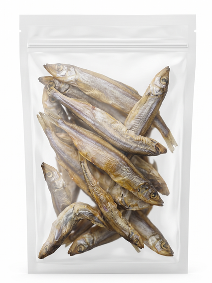 A transparent resealable pouch containing 50g of Freeze-Dried Capelin whole fish. Single-ingredient, hypoallergenic dog and cat rewards with no fillers or artificial preservatives.
