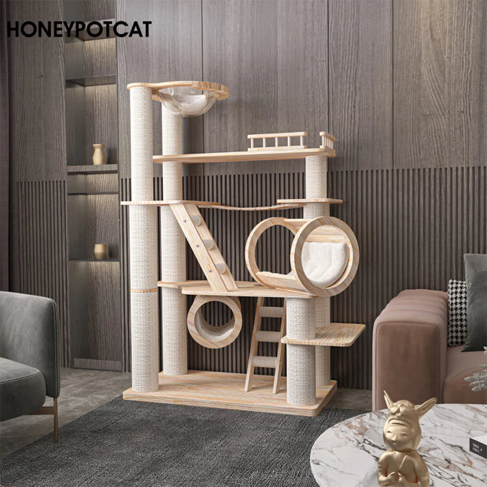 The space-saving HONEYPOTCAT Knightsbridge cat tree seamlessly integrated into a stylish modern living room, showcasing its beautiful wood wax finish.