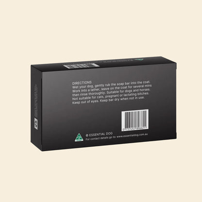 Back of the sensitive shampoo bar box with directions: Rub directly onto wet coat for a rich lather. Contains shea butter and 6 plant extracts to hydrate dry patches