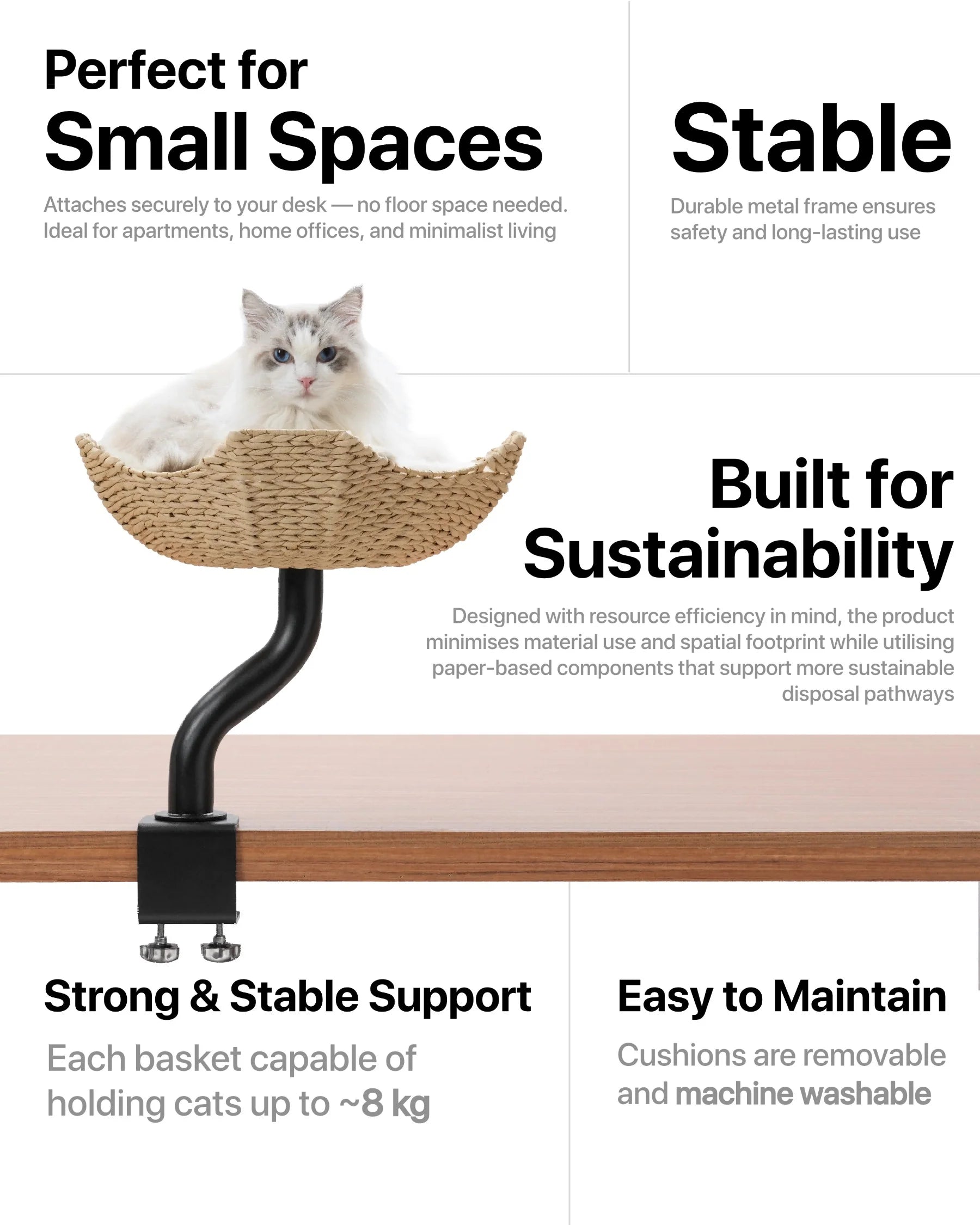 Infographic for the Michu DeskMate highlighting key features: perfect for small spaces, stable metal frame, built for sustainability with paper-based components, supports up to 8kg, and easy to maintain.