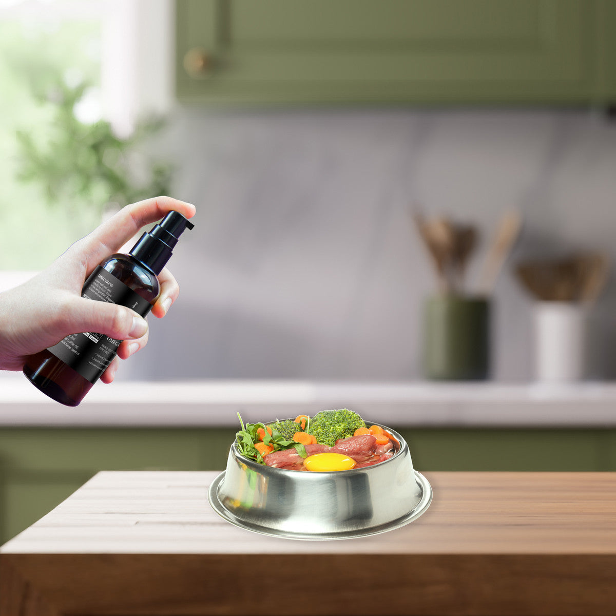 A hand effortlessly pumping the Essential Dog hemp seed oil directly onto a nutritious bowl of raw dog food in a modern kitchen setting, demonstrating the mess-free application.