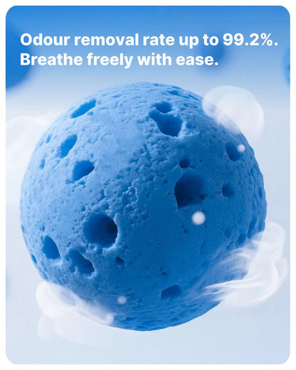 Close-up of the blue STA deodorizing factor used in Michu Mixed Tofu Cat Litter, capable of an odor removal rate up to 99.2%, neutralizing bacteria instantly without artificial fragrances.
