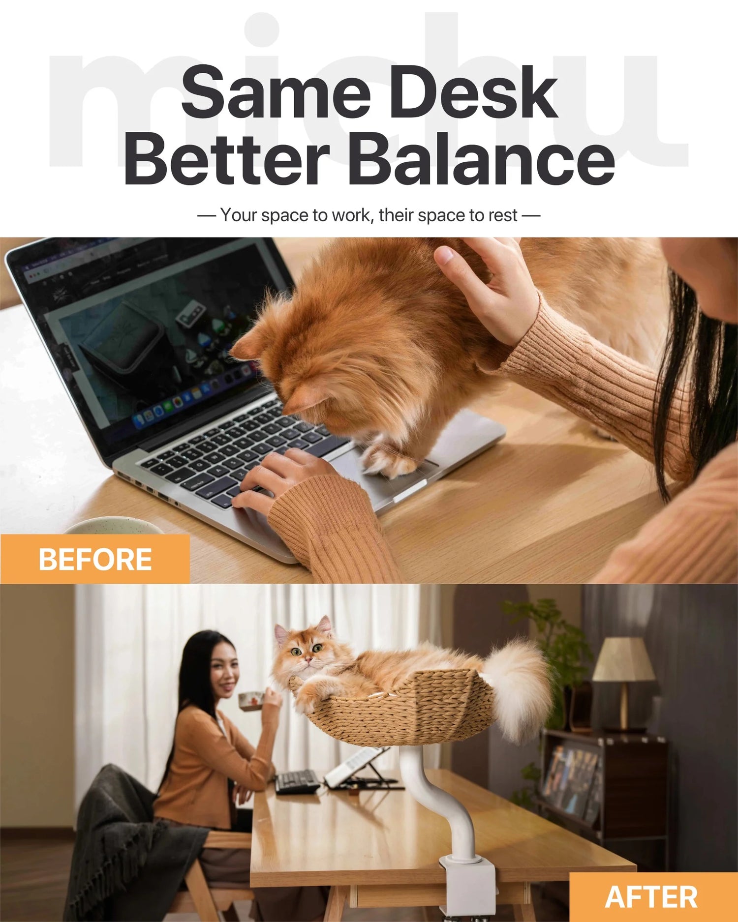 A before-and-after comparison showing a cat stepping on a laptop keyboard, resolved by using the Michu DeskMate where the cat relaxes calmly in an elevated perch next to the working owner.