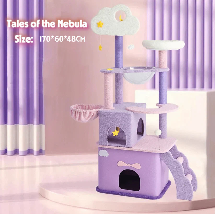 Full view of the 1.70m Tales of the Nebula Cat Tree in a pastel purple and pink palette, showing overall dimensions of 170cm height, 60cm length, and 48cm width.