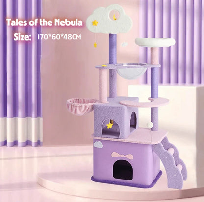 Full view of the 1.70m Tales of the Nebula Cat Tree in a pastel purple and pink palette, showing overall dimensions of 170cm height, 60cm length, and 48cm width.