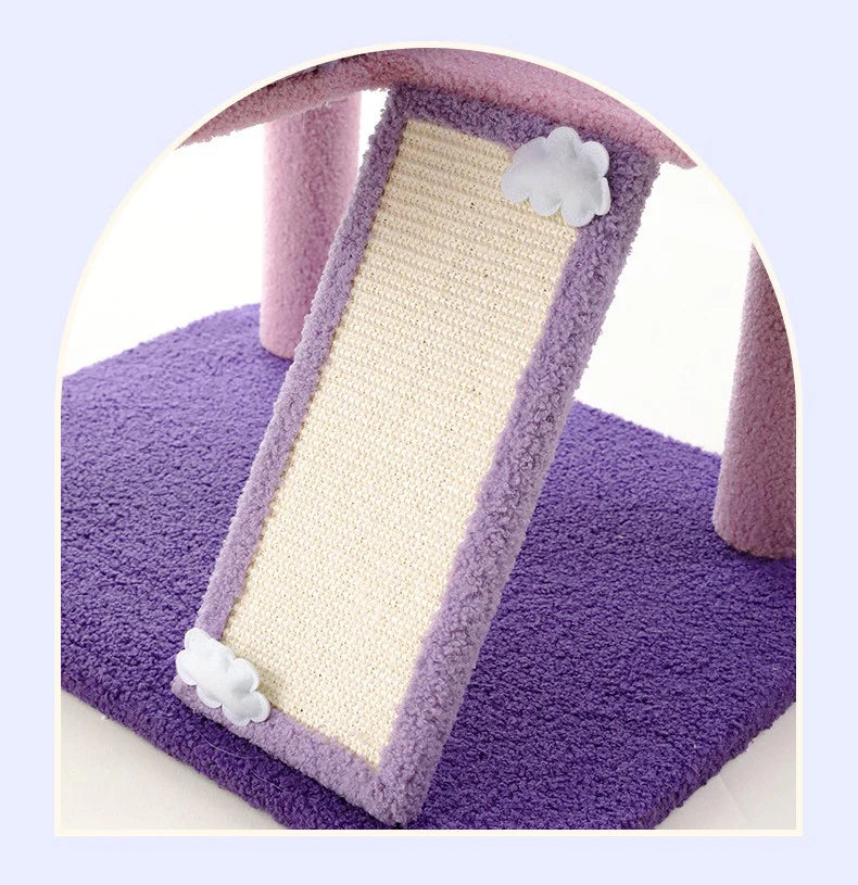 Close-up of the built-in fun ladder and scratching ramp on the Tales of the Nebula Cat Tree, featuring a large, furniture-saving natural sisal surface bordered by soft purple plush and decorated with cute white clouds.