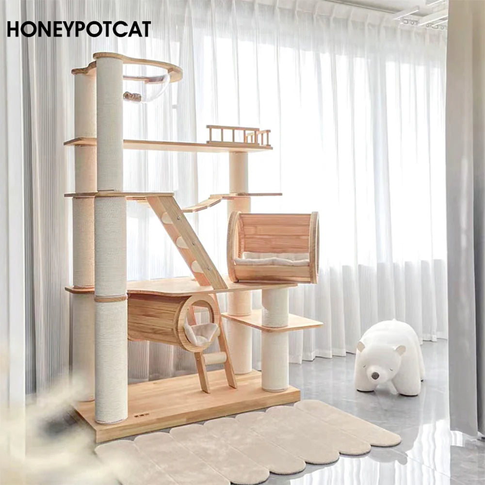 The 175cm Knightsbridge wooden cat tower displayed in a bright, modern room, featuring clean lines and a top observation deck with a space bowl.