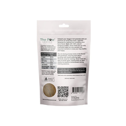 Back view of The Paw Grocer Air Dried Kangaroo bag. Shows full ingredients list, feeding guide, storage instructions, and Australian Made logo.