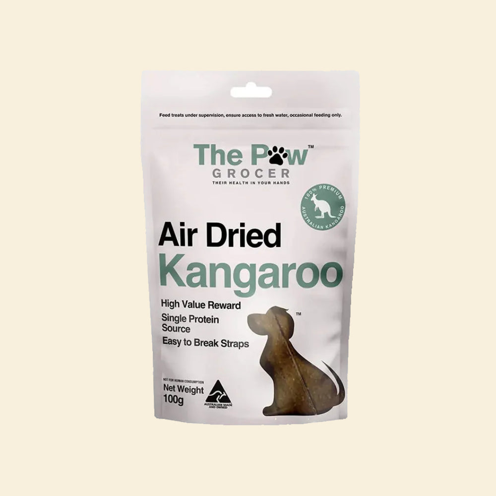 Front packaging of The Paw Grocer Air Dried Kangaroo Straps (100g). High-value training reward, single protein source, and easy-to-break kangaroo meat straps for dogs.