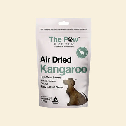 Front packaging of The Paw Grocer Air Dried Kangaroo Straps (100g). High-value training reward, single protein source, and easy-to-break kangaroo meat straps for dogs.