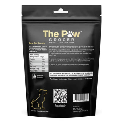 The back of The Paw Grocer Freeze-Dried Beef Kidney packaging, detailing the 100% Victoria-sourced grass-fed beef ingredients, feeding guidelines, and guaranteed analysis showing zero net carbs.