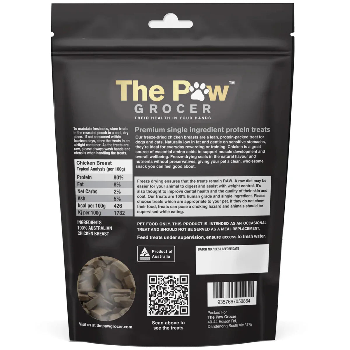 The back of The Paw Grocer Freeze-Dried Chicken Breast packaging, detailing the 100% pure chicken ingredients, feeding guidelines, and low-fat nutritional analysis for guilt-free rewarding.