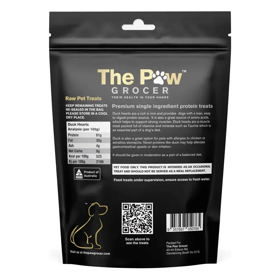 The back of The Paw Grocer Freeze-Dried Duck Hearts packaging, detailing the 100% human-grade ingredients, feeding guidelines, and guaranteed analysis showing zero net carbs.