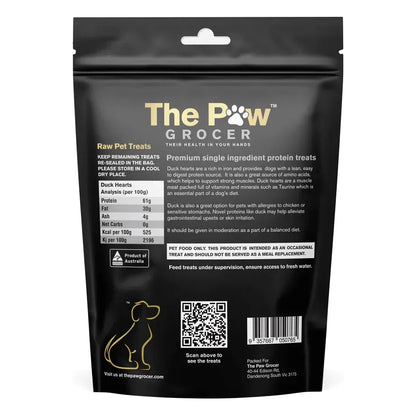 The back of The Paw Grocer Freeze-Dried Duck Hearts packaging, detailing the 100% human-grade ingredients, feeding guidelines, and guaranteed analysis showing zero net carbs.