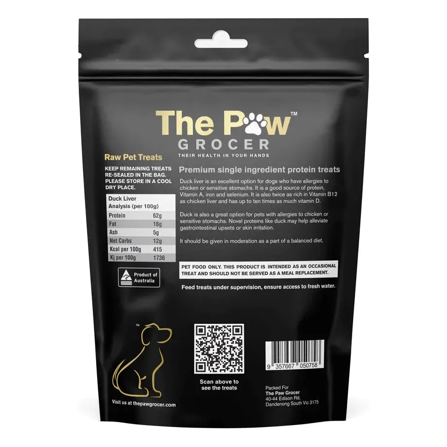 The back of The Paw Grocer Freeze-Dried Duck Liver packaging, detailing the single-ingredient profile, feeding guidelines, and rich nutritional analysis of this organ meat superfood.