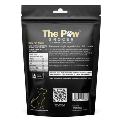 The back of The Paw Grocer Freeze-Dried Duck Liver packaging, detailing the single-ingredient profile, feeding guidelines, and rich nutritional analysis of this organ meat superfood.