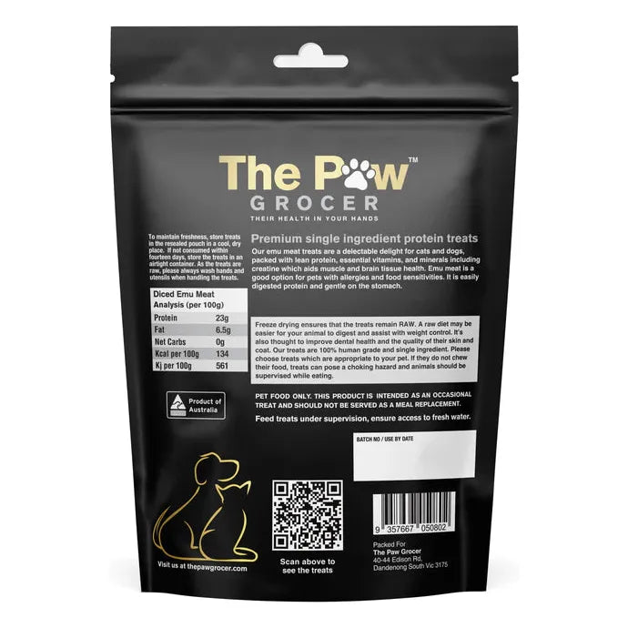 The back of The Paw Grocer Freeze-Dried Emu Meat packaging, detailing the 100% human-grade ingredients, feeding guidelines, and nutritional analysis of this lean novel protein.