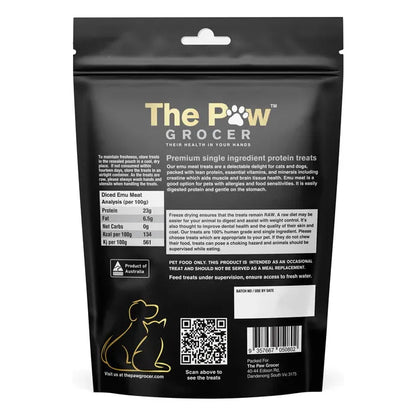 The back of The Paw Grocer Freeze-Dried Emu Meat packaging, detailing the 100% human-grade ingredients, feeding guidelines, and nutritional analysis of this lean novel protein.