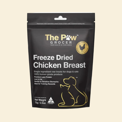 Front packaging of The Paw Grocer Freeze-Dried Chicken Breast in a 72g black pouch, highlighting its single-ingredient, highly digestible lean protein formula for dogs and cats.
