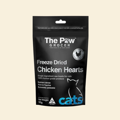 Front packaging of The Paw Grocer Freeze-Dried Chicken Hearts in a 50g black pouch, highlighting its taurine-rich, single-ingredient muscle meat formula specially designed for cats.