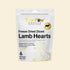 Front view of The Paw Grocer Freeze-Dried Diced Lamb Hearts packaging (90g). 100% human-grade single-ingredient raw treats with no fillers, gluten, grain, or preservatives.
