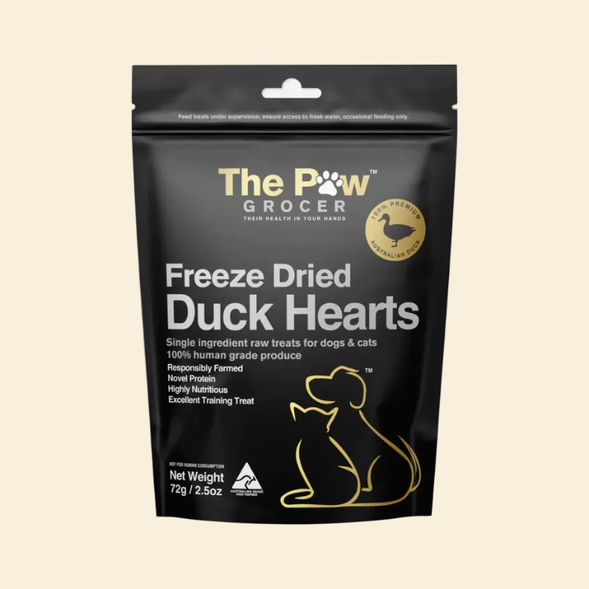 Front packaging of The Paw Grocer Freeze-Dried Duck Hearts in a 72g black pouch, highlighting its responsibly farmed, single-ingredient, and hypoallergenic muscle meat formula for dogs and cats.