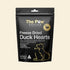 Front packaging of The Paw Grocer Freeze-Dried Duck Hearts in a 72g black pouch, highlighting its responsibly farmed, single-ingredient, and hypoallergenic muscle meat formula for dogs and cats.
