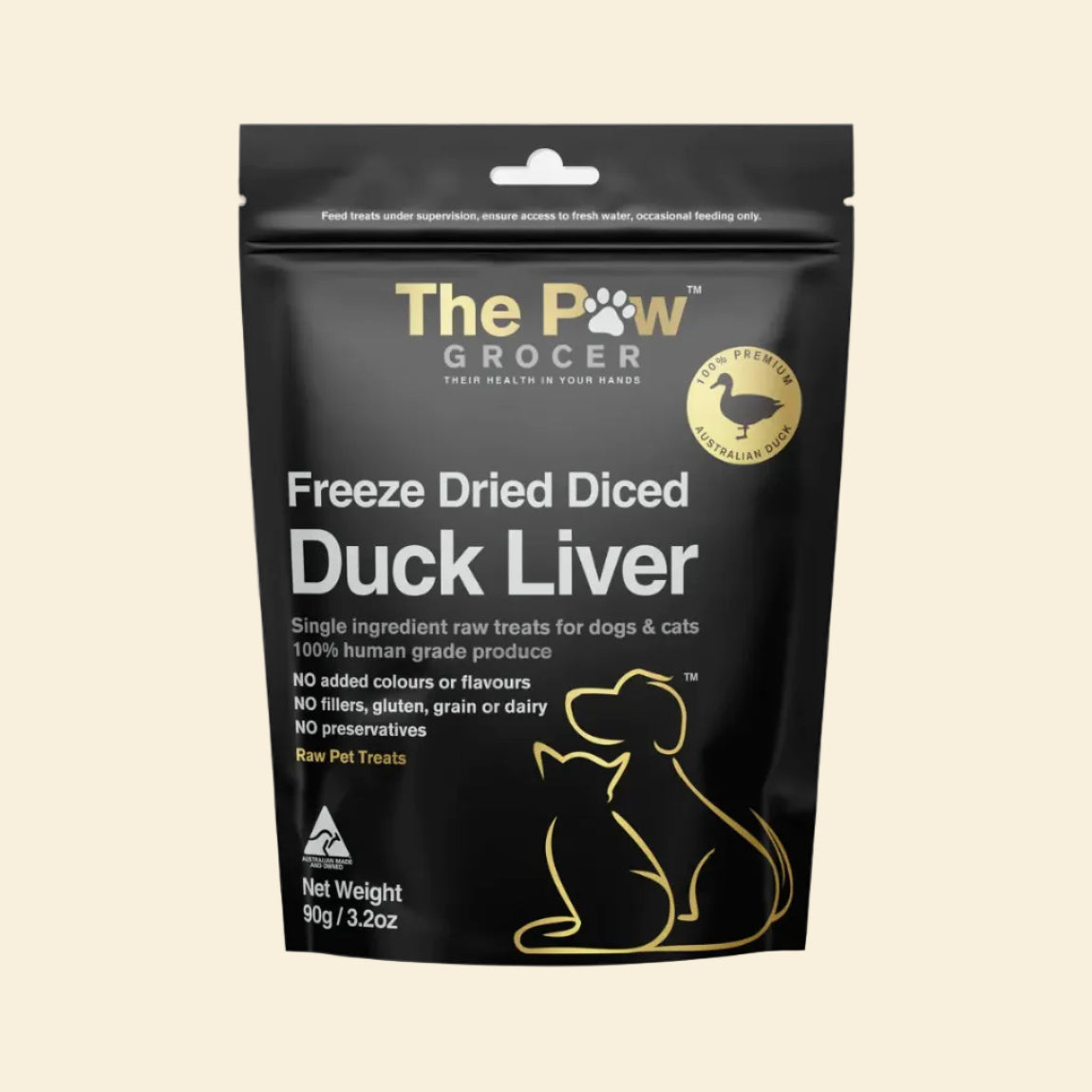 Front packaging of The Paw Grocer Freeze-Dried Duck Liver, a single-ingredient raw treat for dogs and cats, highlighting its responsibly farmed, hypoallergenic novel protein.