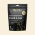 Front packaging of The Paw Grocer Freeze-Dried Duck Liver, a single-ingredient raw treat for dogs and cats, highlighting its responsibly farmed, hypoallergenic novel protein.