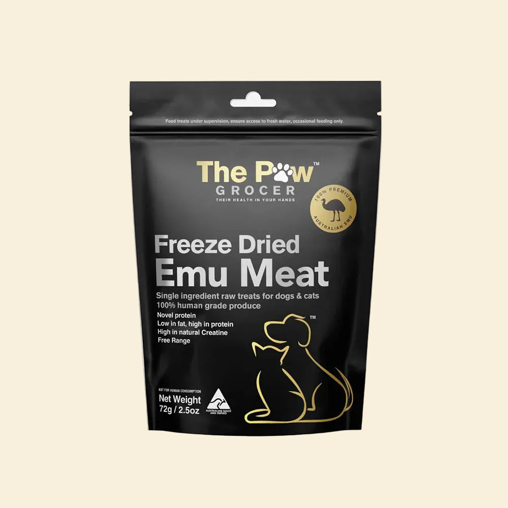 Front packaging of The Paw Grocer Freeze-Dried Emu Meat in a 72g black pouch, highlighting its single-ingredient, hypoallergenic, and low-fat benefits for both dogs and cats.
