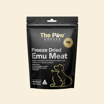 Front packaging of The Paw Grocer Freeze-Dried Emu Meat in a 72g black pouch, highlighting its single-ingredient, hypoallergenic, and low-fat benefits for both dogs and cats.