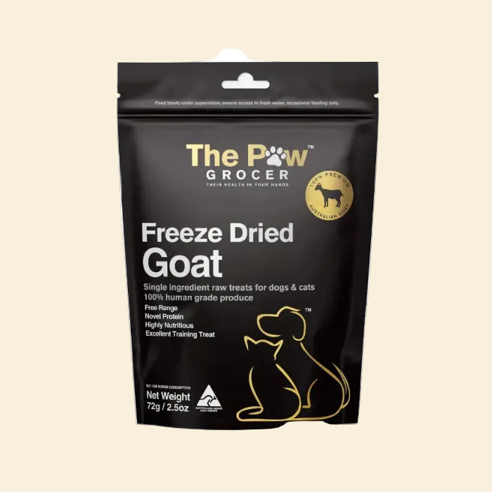 Front packaging of The Paw Grocer Freeze-Dried Goat treats (72g) for dogs and cats. A single-ingredient, hypoallergenic novel protein reward for pets with food allergies and skin irritations.