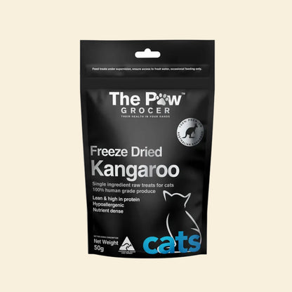 Front view of The Paw Grocer Freeze-Dried Kangaroo (50g) specifically for cats. Lean, hypoallergenic, and nutrient-dense single-ingredient cat treats.