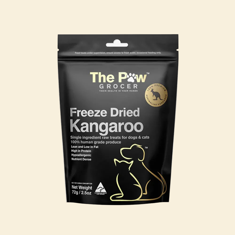Front packaging of The Paw Grocer Freeze-Dried Kangaroo treats in a 72g black pouch, highlighting its single-ingredient, hypoallergenic, and lean protein benefits for both dogs and cats.
