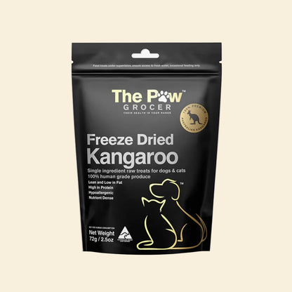 Front packaging of The Paw Grocer Freeze-Dried Kangaroo treats in a 72g black pouch, highlighting its single-ingredient, hypoallergenic, and lean protein benefits for both dogs and cats.