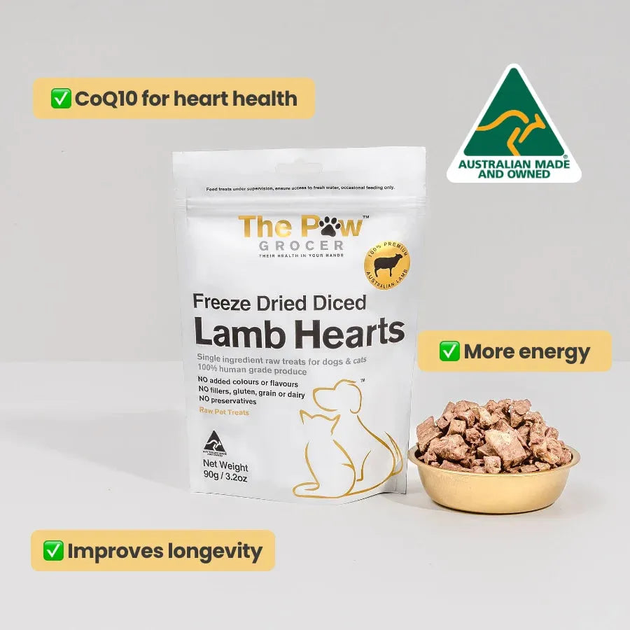 The Paw Grocer 90g bag of Freeze-Dried Diced Lamb Hearts with a bowl of treats. Highlights CoQ10 for heart health, improved longevity, and increased energy for dogs and cats. Australian made and owned.