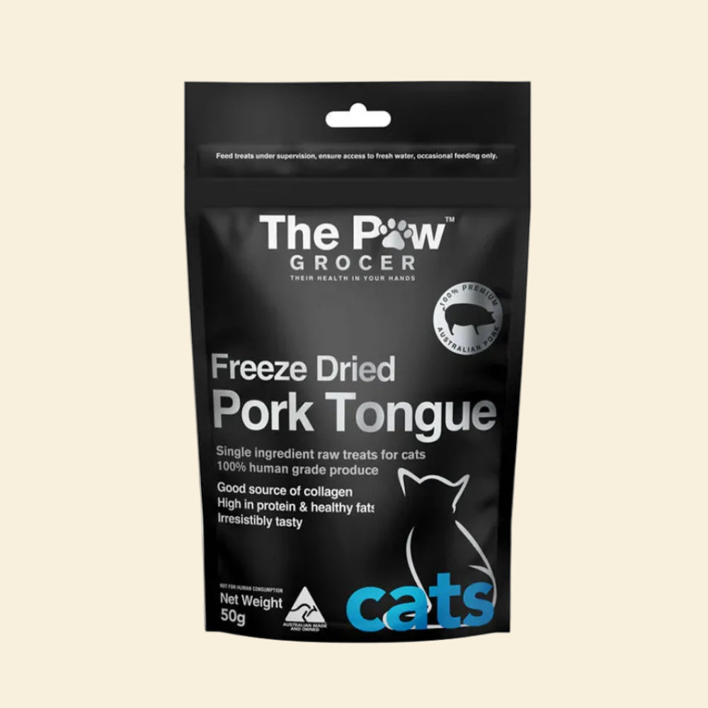 Front packaging of The Paw Grocer Freeze-Dried Pork Tongue in a 50g black pouch, highlighting its single-ingredient, novel protein formula specially designed for cats.