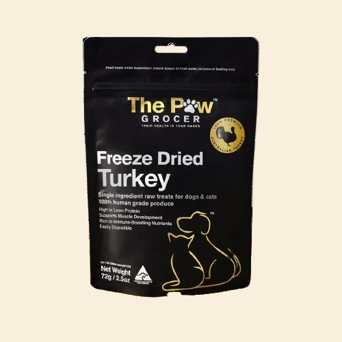 Front packaging of The Paw Grocer Freeze-Dried Turkey Breast in a 72g black pouch, highlighting its single-ingredient, ultra-lean protein formula for dogs and cats.