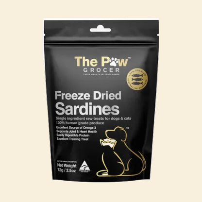 Front packaging of The Paw Grocer 72g black pouch for Freeze-Dried Whole Sardines, a single-ingredient Omega-3 superfood for healthy skin and coat in dogs and cats.