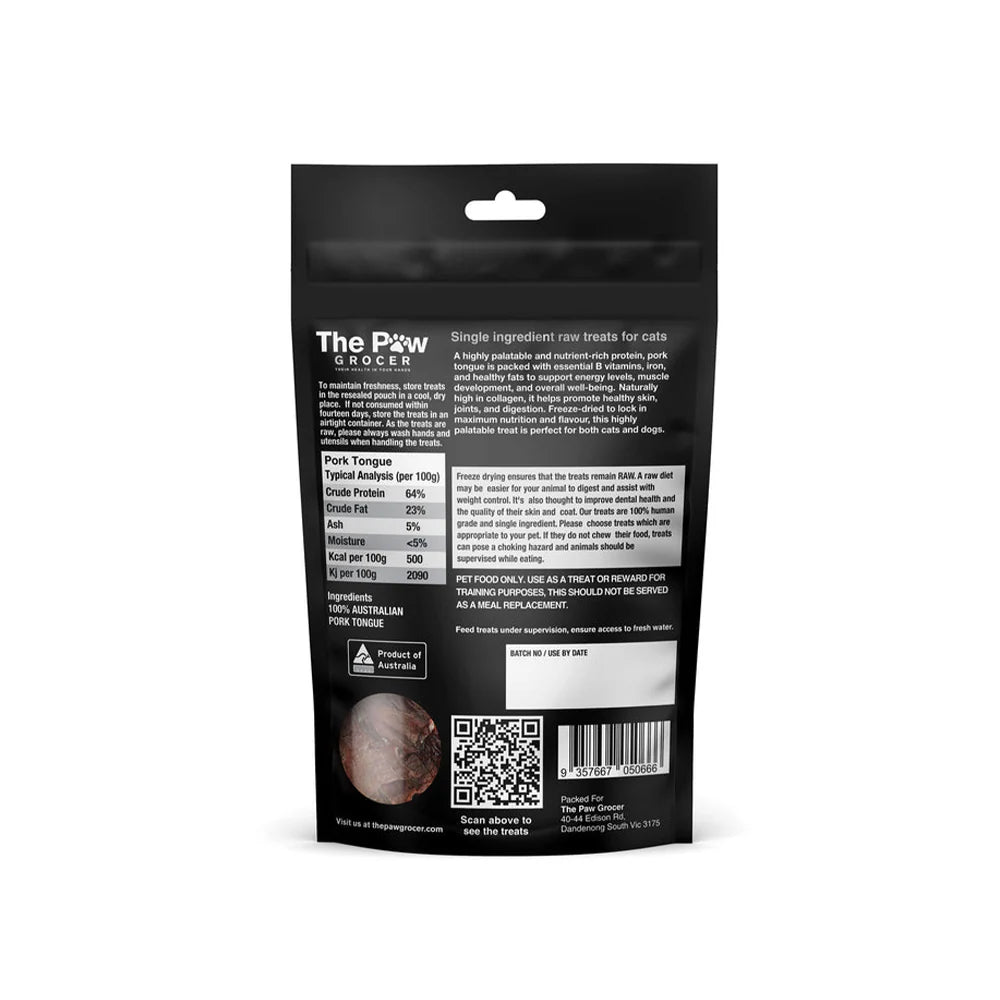 The back of The Paw Grocer Freeze-Dried Pork Tongue packaging, detailing the 100% Australian pork ingredients, feeding guidelines, and nutritional analysis for cats.