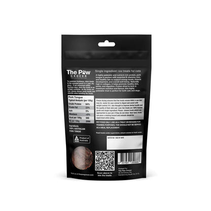 The back of The Paw Grocer Freeze-Dried Pork Tongue packaging, detailing the 100% Australian pork ingredients, feeding guidelines, and nutritional analysis for cats.