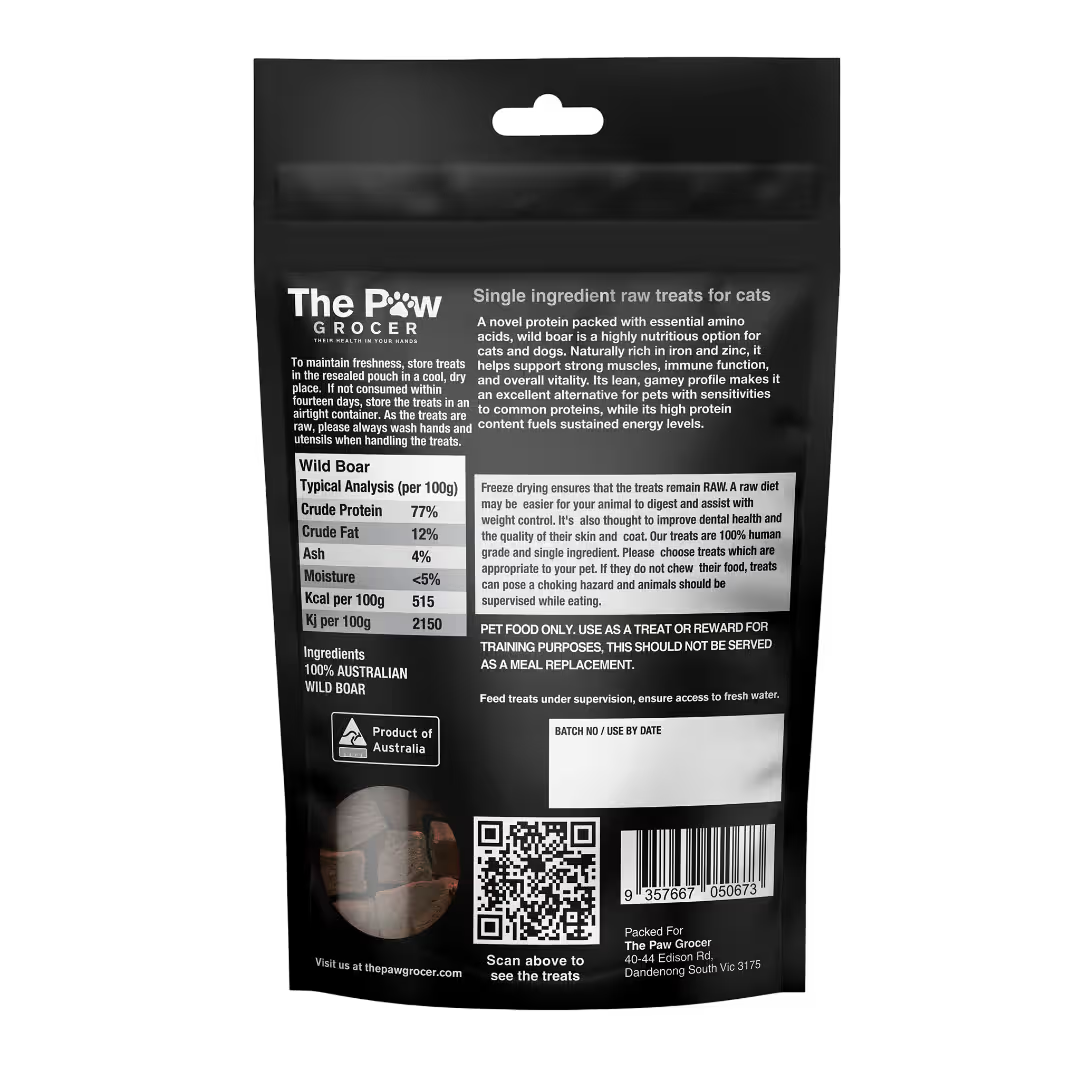 The back of The Paw Grocer Freeze-Dried Wild Boar packaging, detailing the 100% Australian ingredients, feeding guidelines, and typical analysis showing 77% crude protein.