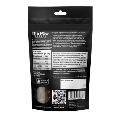 The back of The Paw Grocer Freeze-Dried Wild Boar packaging, detailing the 100% Australian ingredients, feeding guidelines, and typical analysis showing 77% crude protein.