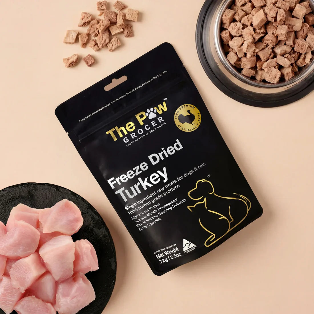 A top-down view of The Paw Grocer Freeze-Dried Turkey Breast pouch surrounded by fresh raw diced turkey and a silver bowl filled with the highly digestible, low-fat freeze-dried treats.