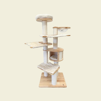 A full studio view of the 189cm tall TORA 2501 PRO flagship 6-layer solid wood cat tree on a white background, featuring a staggered vertical layout, an interactive transparent space bowl, and an ergonomic curved wood condo.
