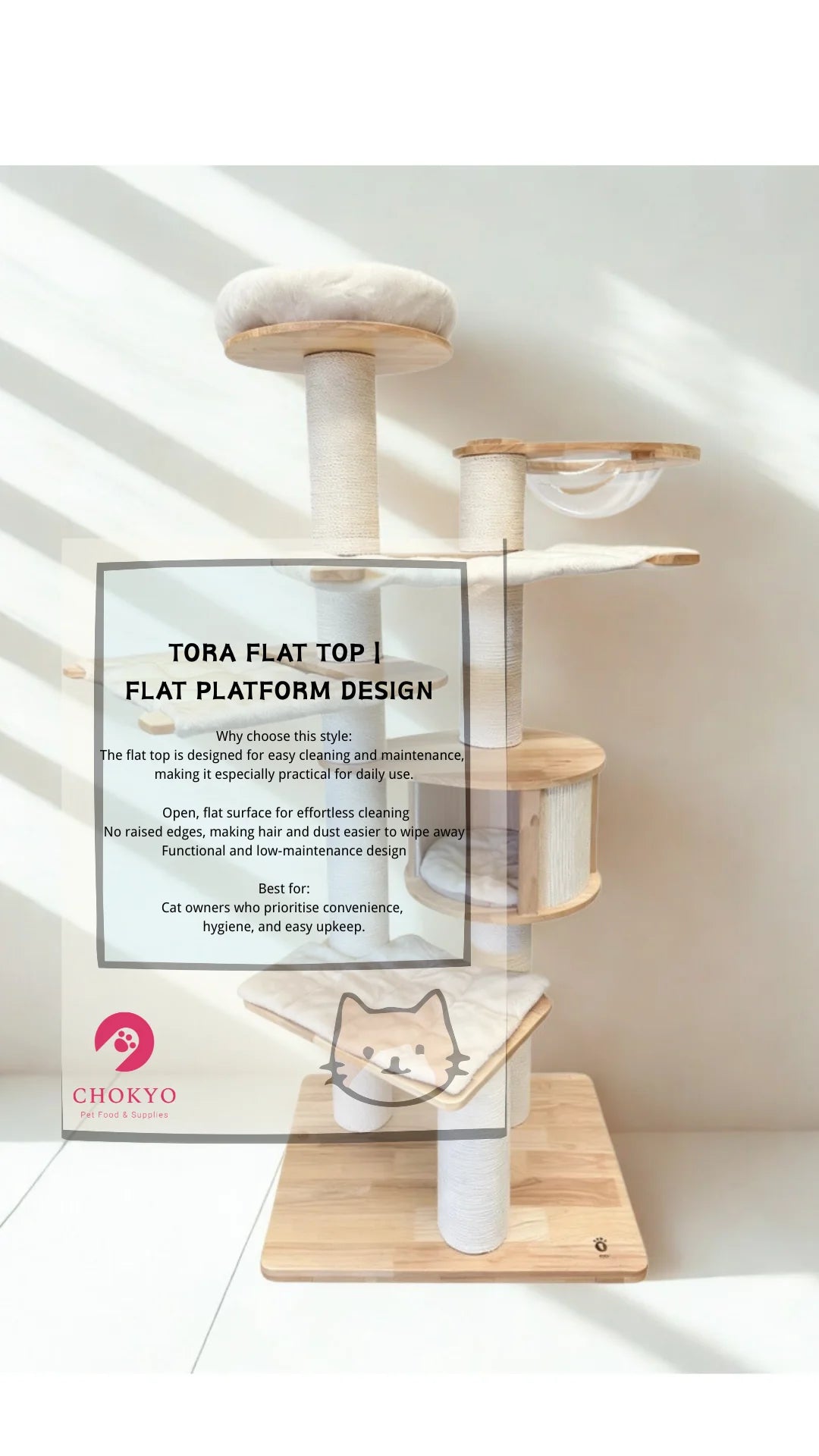 The TORA 2501 PRO solid wood cat tree showcasing the Flat Platform Top design, with an overlay explaining its open, flat surface that is effortless to clean and highly functional for daily use.