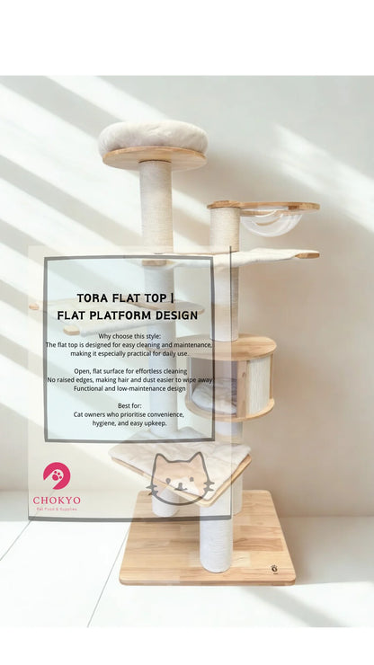 The TORA 2501 PRO solid wood cat tree showcasing the Flat Platform Top design, with an overlay explaining its open, flat surface that is effortless to clean and highly functional for daily use.