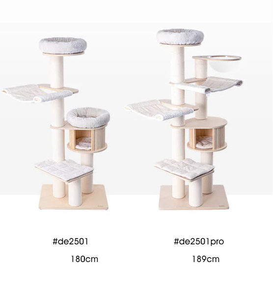 A comparison guide showing various structural combinations of the TORA cat tree, including the standard 180cm model (