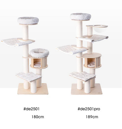 A comparison guide showing various structural combinations of the TORA cat tree, including the standard 180cm model (