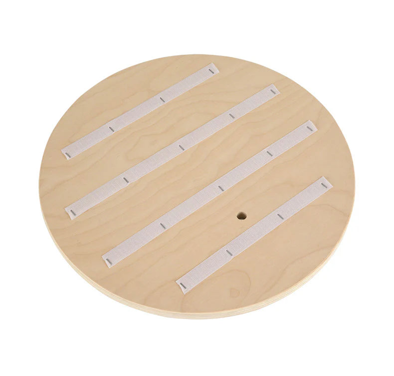 A round 15mm thick birch plywood shelf from the TORA cat tree, featuring multiple pre-installed velcro strips for easy and secure attachment of the soft plush cat beds.